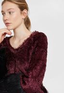 Bayan Bordo Kol Detaylı Tüylü Triko