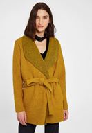 Bayan Yeşil Kemer Detaylı İnce Yün Kaban