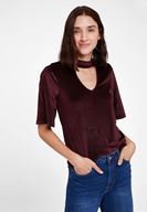 Bayan Bordo Yaka Detaylı Kadife Bluz