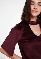 Bayan Bordo Yaka Detaylı Kadife Bluz