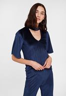 Bayan Lacivert Yaka Detaylı Kadife Bluz