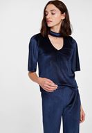 Bayan Lacivert Yaka Detaylı Kadife Bluz