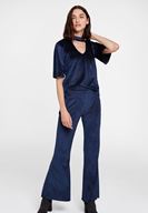 Bayan Lacivert Yaka Detaylı Kadife Bluz