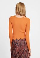 Bayan Turuncu Yakası Kesik Detaylı Uzun Kollu Triko
