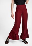 Bayan Bordo Fırfır Detaylı Bol Pantolon