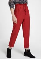 Bayan Kırmızı Beli Bağlamalı Düğme Detaylı Pantolon