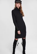 Bayan Siyah Yaka Detaylı Triko Elbise