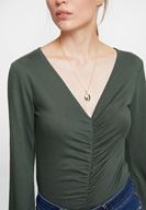 Bayan Yeşil Büzgülü Flare Kol Bluz