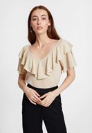 Bayan Krem V Yaka Fırfırlı Bluz