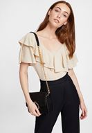 Bayan Krem V Yaka Fırfırlı Bluz