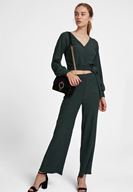 Bayan Yeşil Dokulu Bol Paça Pantolon