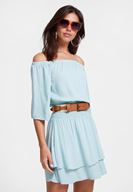 Bayan Mavi Düşük Omuzlu Dokulu Elbise