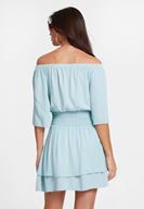 Bayan Mavi Düşük Omuzlu Dokulu Elbise