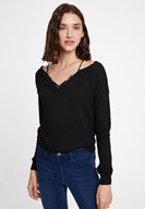 Bayan Siyah Dantel Detaylı Düşük Omuzlu Triko