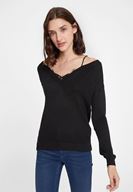 Bayan Siyah Dantel Detaylı Düşük Omuzlu Triko