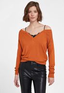 Bayan Sarı Dantel Detaylı Düşük Omuzlu Triko