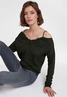 Bayan Yeşil Dantel Detaylı Düşük Omuzlu Triko