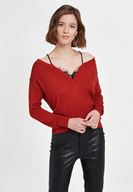 Bayan Kırmızı Dantel Detaylı Düşük Omuzlu Triko