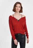 Bayan Kırmızı Dantel Detaylı Düşük Omuzlu Triko