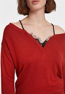 Bayan Kırmızı Dantel Detaylı Düşük Omuzlu Triko