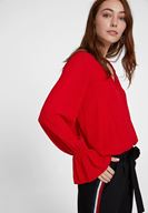 Bayan Kırmızı Kolları Volan Detaylı Kruvaze Bluz