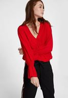 Bayan Kırmızı Kolları Volan Detaylı Kruvaze Bluz