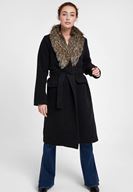 Bayan Siyah Kürk Yakalı Kemerli Uzun Kaban