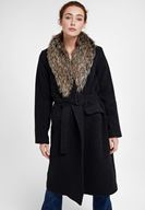 Bayan Siyah Kürk Yakalı Kemerli Uzun Kaban