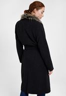 Bayan Siyah Kürk Yakalı Kemerli Uzun Kaban