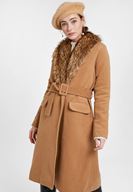 Bayan Kahverengi Kürk Yakalı Kemerli Uzun Kaban