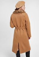 Bayan Kahverengi Kürk Yakalı Kemerli Uzun Kaban