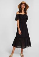 Bayan Siyah Düşük Omuzlu Uzun Elbise