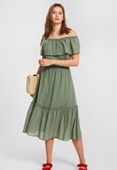 Bayan Yeşil Düşük Omuzlu Uzun Elbise