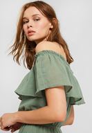 Bayan Yeşil Düşük Omuzlu Uzun Elbise