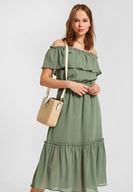 Bayan Yeşil Düşük Omuzlu Uzun Elbise