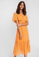 Bayan Turuncu Düşük Omuzlu Uzun Elbise