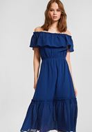 Bayan Lacivert Düşük Omuzlu Uzun Elbise