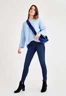 Bayan Mavi Yüksek Bel Dar Paça Pamuk Pantolon