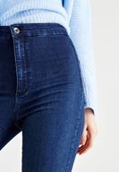 Bayan Mavi Yüksek Bel Dar Paça Pamuk Pantolon