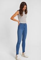 Bayan Mavi Yüksek Bel Dar Paça Pamuk Pantolon