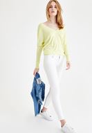 Bayan Sarı V Yaka Detaylı Uzun Kollu Triko