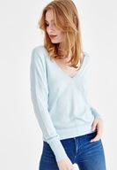 Bayan Mavi V Yaka Detaylı Uzun Kollu Triko