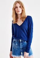 Bayan Lacivert V Yaka Detaylı Uzun Kollu Triko
