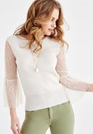 Bayan Gri Kolları Dantel Detaylı Triko