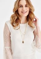 Bayan Gri Kolları Dantel Detaylı Triko