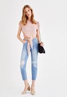 Bayan Mavi Orta Bel Paça Detaylı Jean