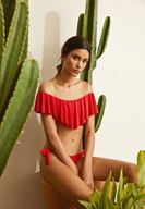 Bayan Kırmızı Omuzları Açık Volanlı Bikini