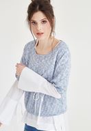 Bayan Mavi Kolları Büzgülü U Yaka Triko