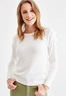 Bayan Krem Omuzları Nakışlı Triko