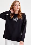 Bayan Siyah Baskılı Pamuk Sweatshirt